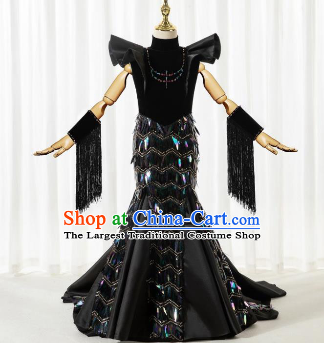 Custom Girl Stage Show Fashion Children Catwalks Clothing Princess Black Fishtail Full Dress Compere Garment Costumes