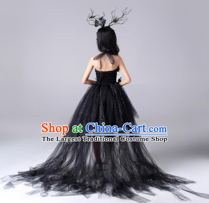 Custom Stage Show Fashion Children Catwalks Clothing Girl Black Veil Bubble Dress Compere Garment Costumes