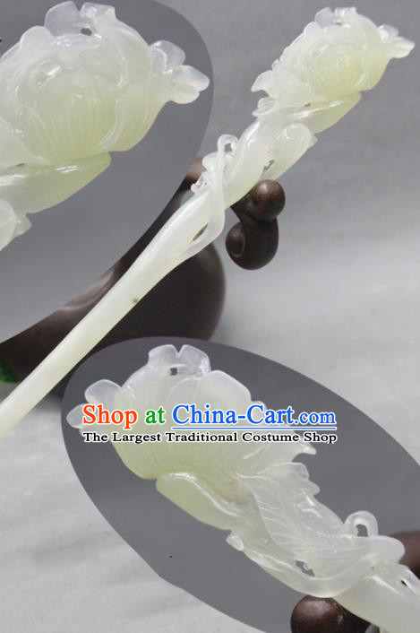 China Traditional Jade Carving Peony Hairpin Ancient Swordswoman Hair Stick Handmade Cheongsam Hair Accessories