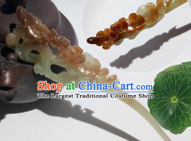 China Han Dynasty Court Lady Headpiece Handmade Jade Carving Plum Hairpin Traditional Hanfu Hair Accessories Ancient Princess Hair Stick
