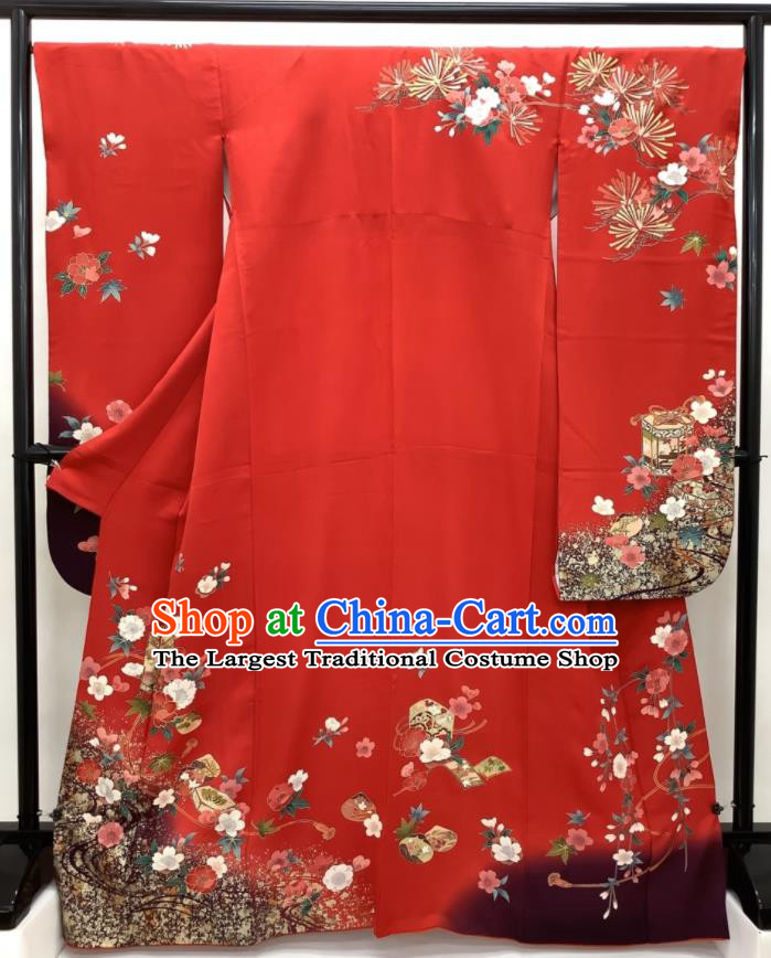 Japanese Classical Sakura Pine Pattern Furisode Kimono Costume Court Woman Red Silk Yukata Dress Traditional Festival Clothing
