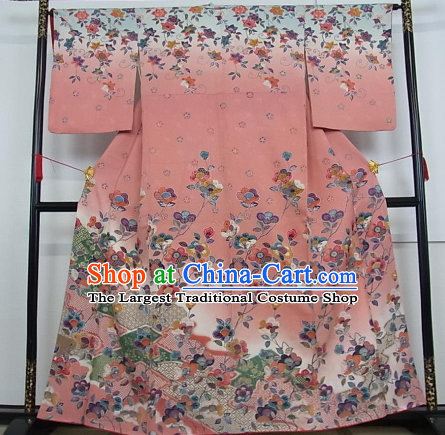 Japanese Traditional Festival Clothing Classical Primrose Pattern Tsukesage Kimono Costume Court Woman Pink Silk Yukata Dress