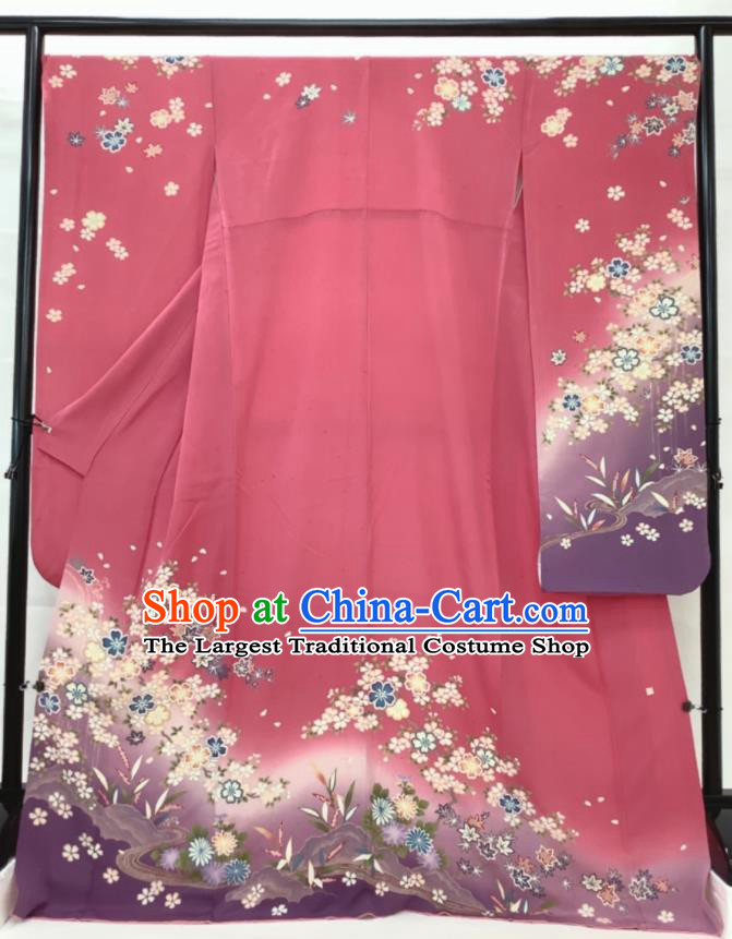 Japanese Classical Flowers Pattern Furisode Kimono Costume Young Lady Pink Silk Yukata Dress Traditional Court Queen Clothing