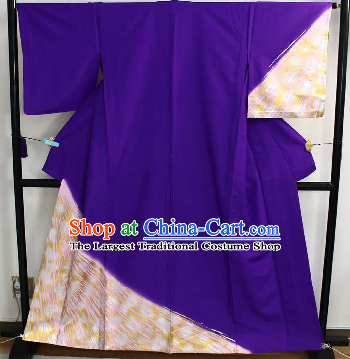Japanese Classical Golden Pattern Tsukesage Kimono Costume Elderly Woman Purple Yukata Dress Traditional Festival Clothing