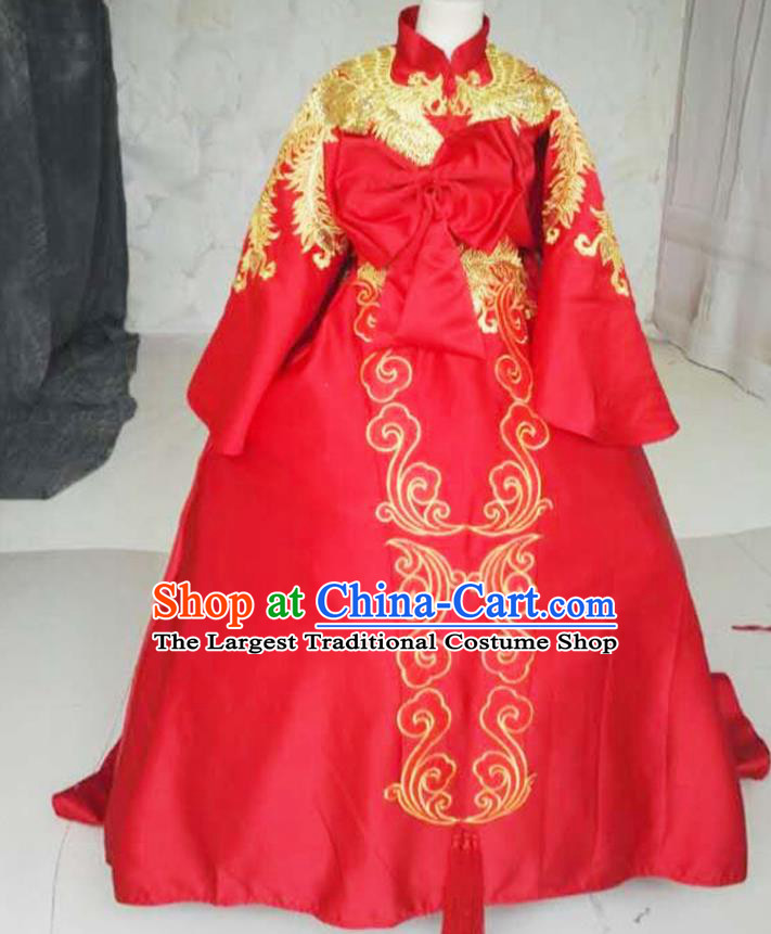 Chinese Girl Catwalk Show Red Trailing Dress Piano Recital Garment Costume Children Model Embroidered Attire Stage Performance Fashion Clothing