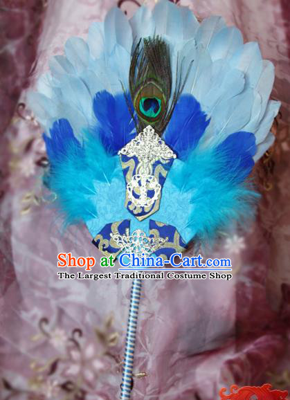 Handmade Chinese Cosplay Swordsman Blue Feather Fan Ancient Military Counsellor Fan
