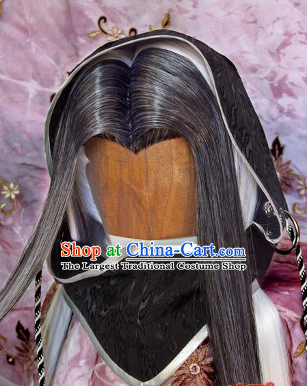 Chinese Traditional Hanfu Elderly Knight Gray Wigs Sheath Cosplay Chivalrous Male Hairpieces and Hat Ancient Swordsman Hair Accessories