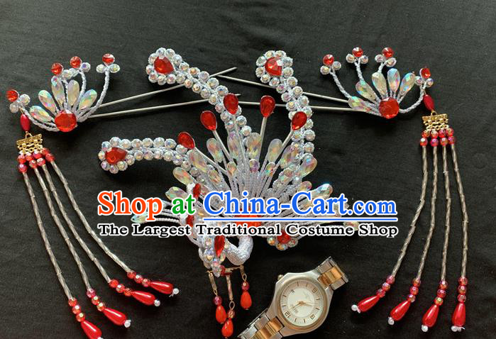 Chinese Traditional Opera Diva Headpieces Beijing Opera Princess Argent Phoenix Hair Crown and Hairpins Peking Opera Hua Tan Hair Accessories