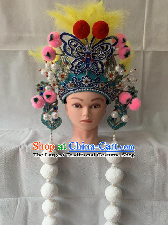 Chinese Peking Opera Swordswoman Blue Butterfly Helmet Traditional Opera Female General Headdress Beijing Opera Wudan Hat