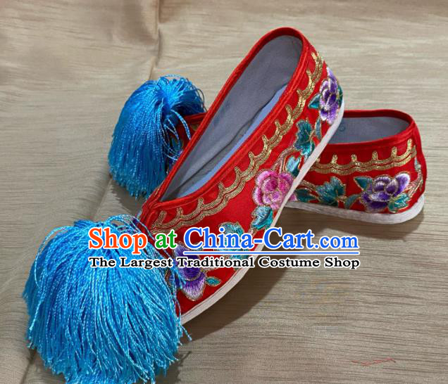 Handmade China Ancient Princess Shoes Peking Opera Hua Tan Red Satin Shoes Beijing Opera Actress Shoes Wedding Embroidered Shoes