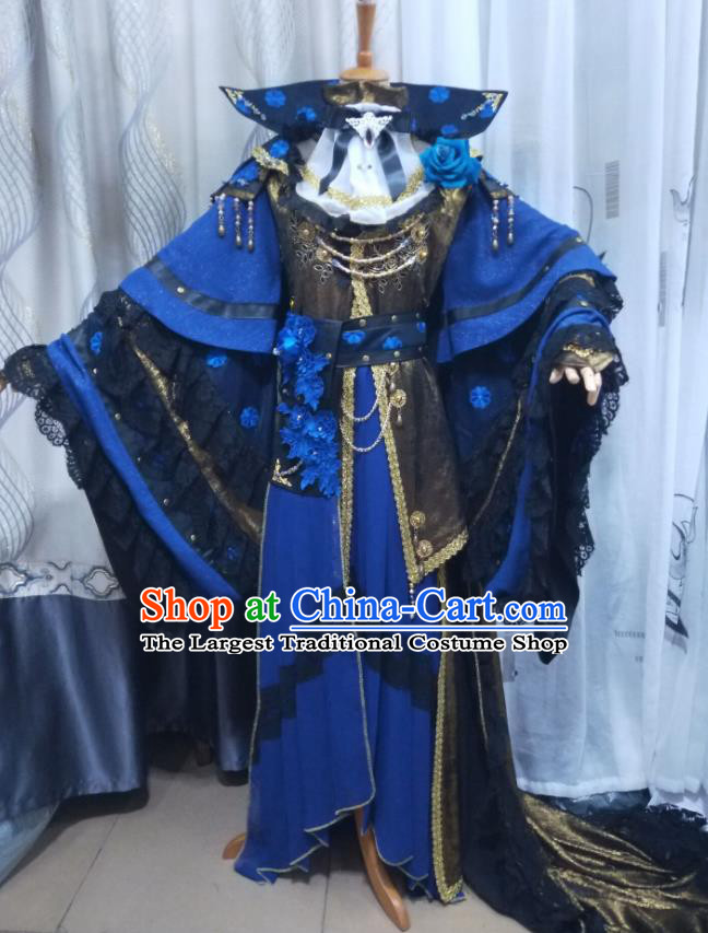Chinese Ancient Demon King Blue Uniforms Traditional Cosplay Swordsman Clothing Puppet Show Emperor Gui Piaoling Garment Costumes