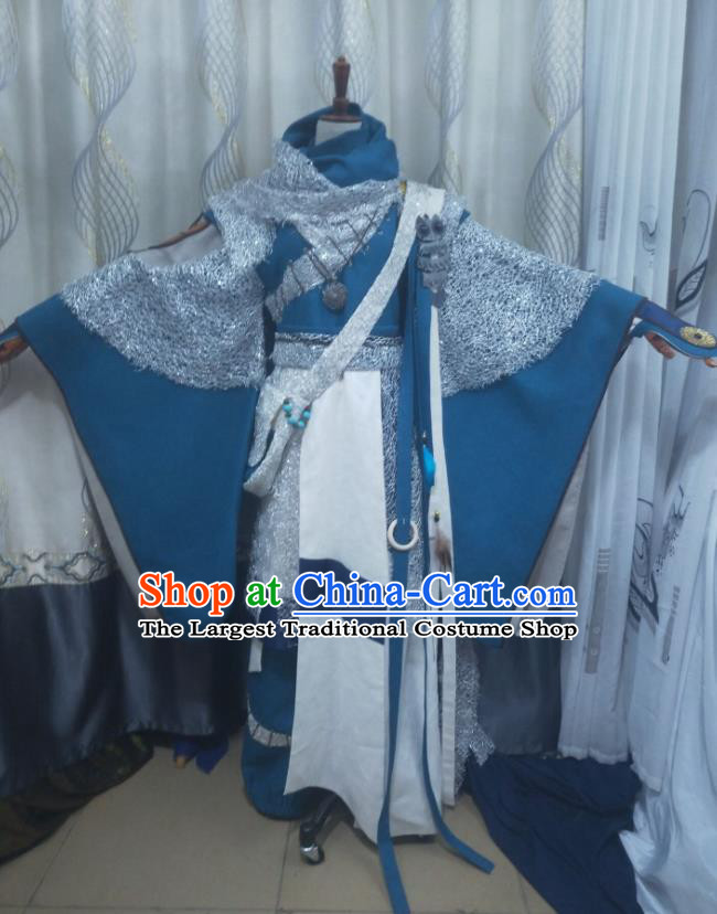 Chinese Puppet Show Monk Meng Qiusun Garment Costumes Ancient Young Male Blue Uniforms Traditional Cosplay Swordsman Clothing