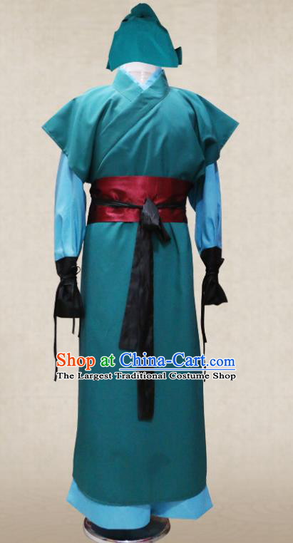 Chinese Ancient Swordsman Clothing Romance of the Three Kingdoms General Guan Yu Blue Costumes and Hat