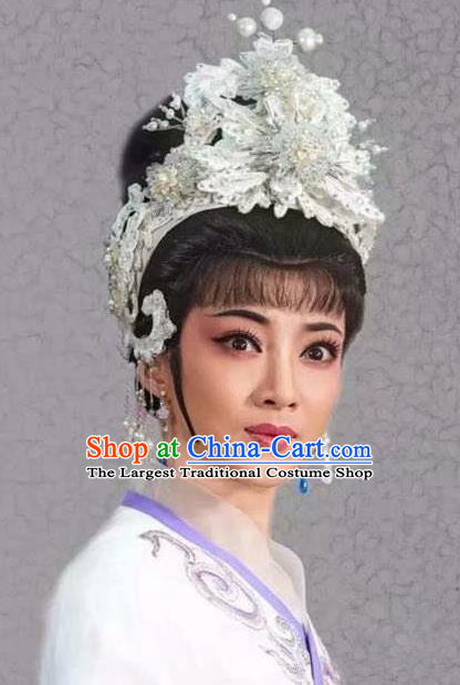 Chinese Huangmei Opera Bai Suzhen Headwear Beijing Opera Actress Headgear Traditional Opera Fairy White Hair Crown