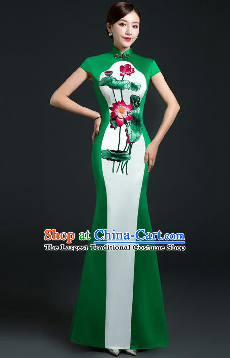 Chinese Modern Cheongsam Embroidered Lotus Qipao Dress New Year Full Dress Traditional Green Satin Qipao