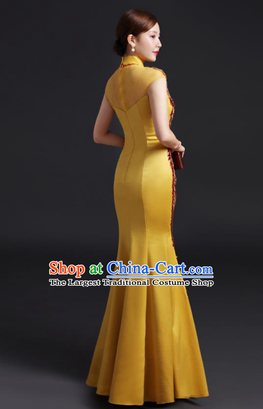 Chinese Compere Full Dress Embroidered Yellow Qipao Clothing Modern Cheongsam Traditional New Year Dress