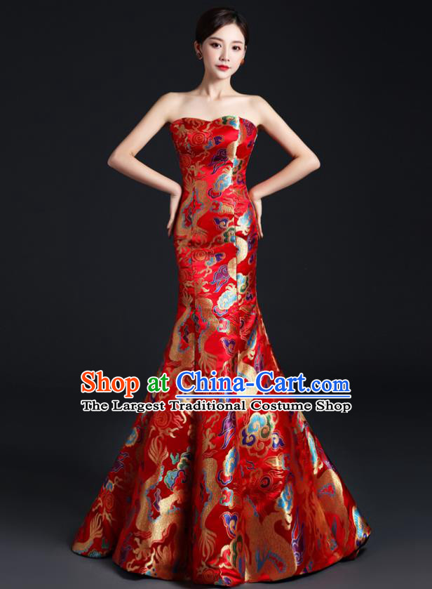 China Compere Fishtail Dress Professional Catwalks Red Full Dress Wedding Bride Formal Garment