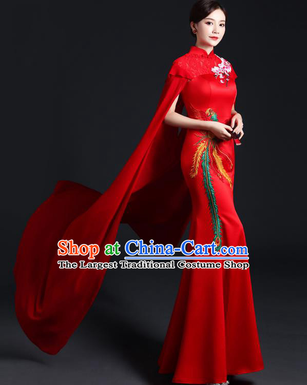 Chinese Classical Qipao Clothing Modern Red Mantle Cheongsam Traditional Embroidered Phoenix Dress Compere Full Dress