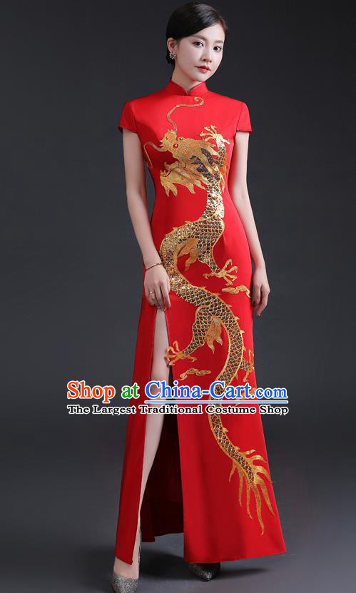 Chinese Compere Full Dress Embroidered Dragon Qipao Clothing Modern Cheongsam Traditional Red Dress