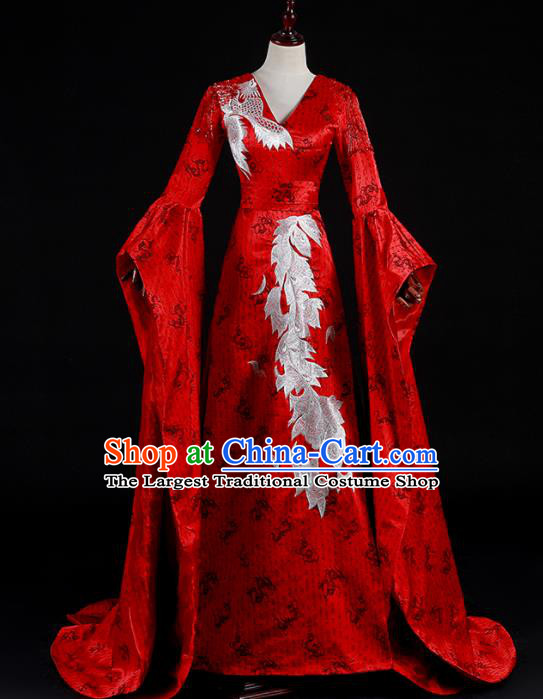 China Professional Catwalks Embroidery Full Dress New Year Formal Costume Compere Red Water Sleeve Dress