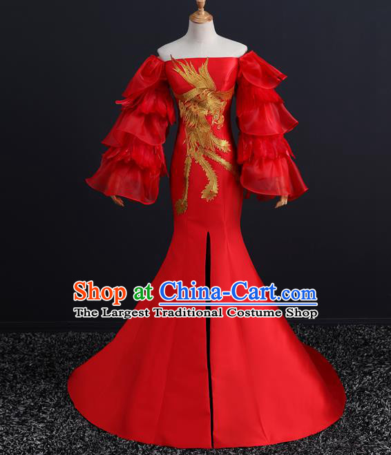 China New Year Formal Costume Compere Red Feather Dress Professional Catwalks Embroidery Phoenix Full Dress