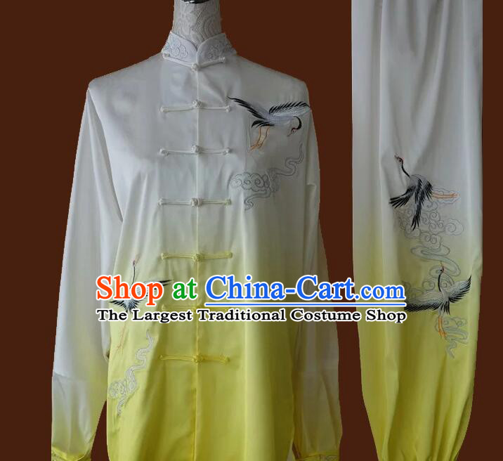 Top Martial Arts Qi Gong Clothing Tai Ji Competition Gradient White to Yellow Uniform Embroidered Cranes Tai Chi Championship Costumes