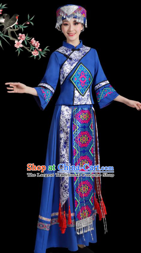 China Xiangxi Minority Folk Dance Costume Tujia Nationality Blue Dress Ethnic Women Festival Clothing