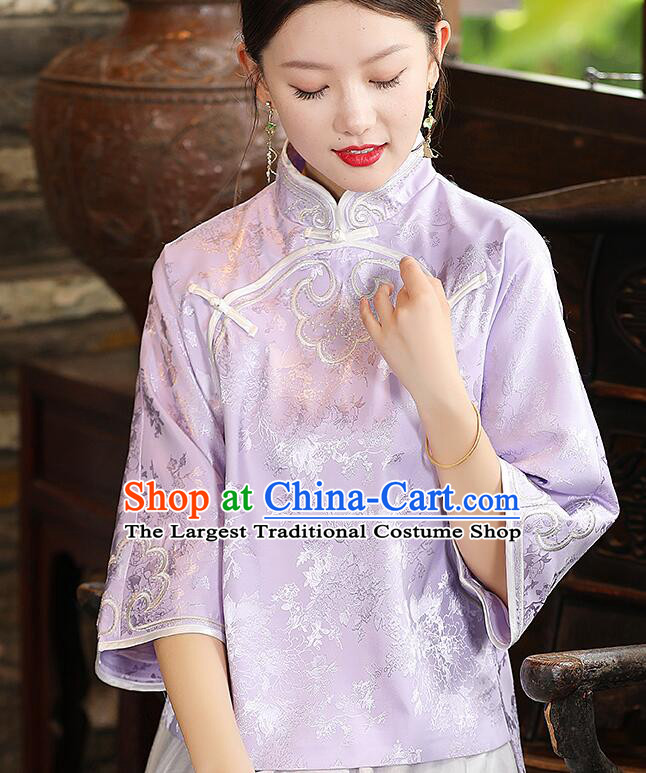 Chinese Jacquard Light Purple Shirt Traditional Cheongsam Blouse Qipao Upper Outer Garment
