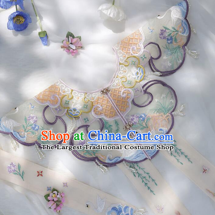 Chinese White Collar Yujian Cheongsam Cappa Traditional Necklace Accessories Ming Dynasty Embroidered Cloud Shoulder
