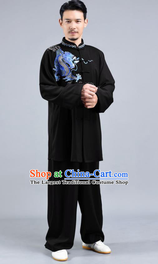 Chinese Traditional Embroidered Dragon Shirt and Pants Set Tai Chi Competition Clothing Tai Ji Performance Black Outfits