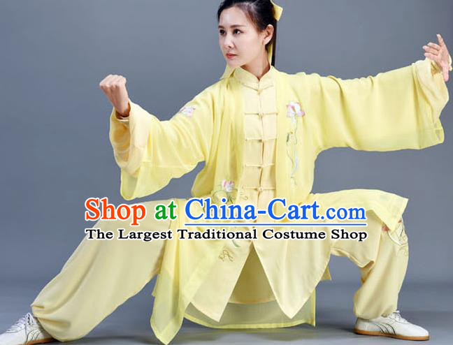 Chinese Tai Chi Competition Clothing Tai Ji Performance Yellow Outfits Traditional Kung Fu Garments Embroidered Lotus Uniform