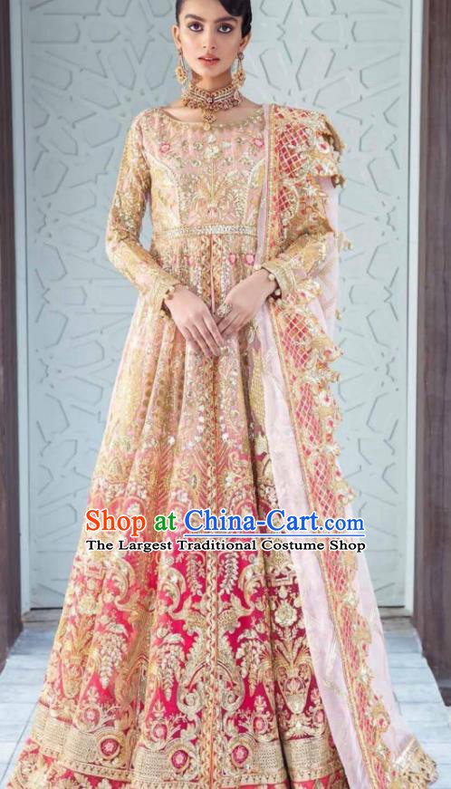 India Bride Clothing Traditional Lengha Garment Indian Wedding Dress Top Embroidered Beige Outfit Costumes