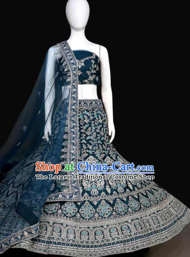 Top Indian Traditional Garment Dark Blue Wedding Dress Embroidered Skirt Outfit India Lengha Clothing