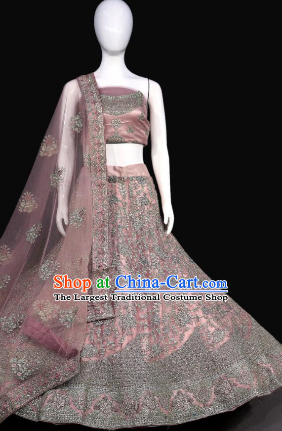 India Pink Wedding Dress Embroidered Skirt Outfit Lengha Clothing Top Indian Traditional Garment