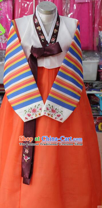 Korea Festival Garment Costumes Korean Traditional Clothing Stripes Hanbok Bride White Blouse and Orange Dress