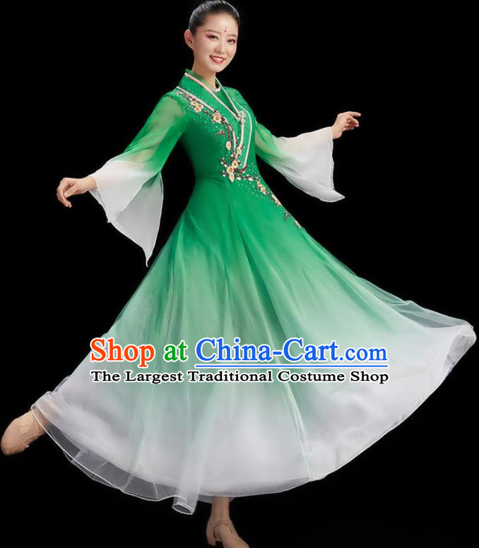 China Women Group Dance Green Dress Umbrella Dance Costume Stage Performance Garment Classical Dance Clothing