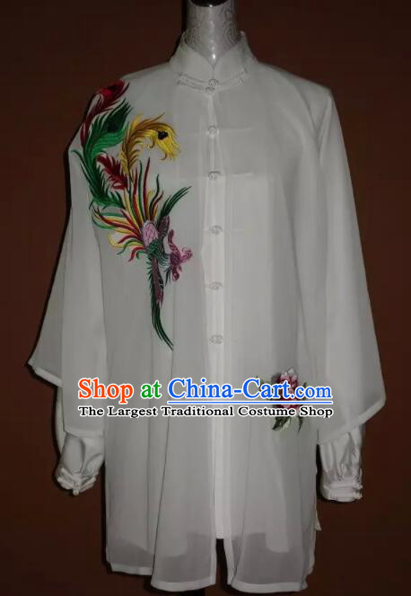 Top Embroidered Phoenix Top Mantle Chinese Martial Arts Costumes Women Tai Chi Training White Shirt