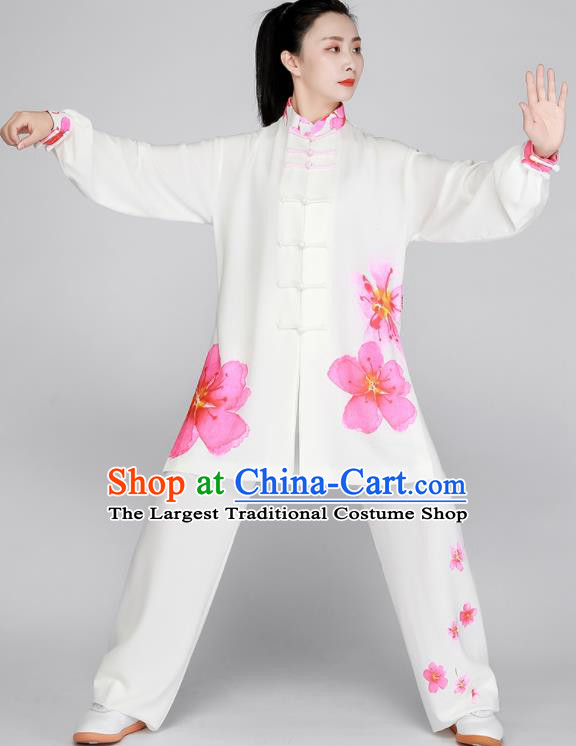 Top Printing Peach Blossom Clothing Tai Chi Outfit Chinese Kung Fu Costumes Tai Ji Training White Uniform