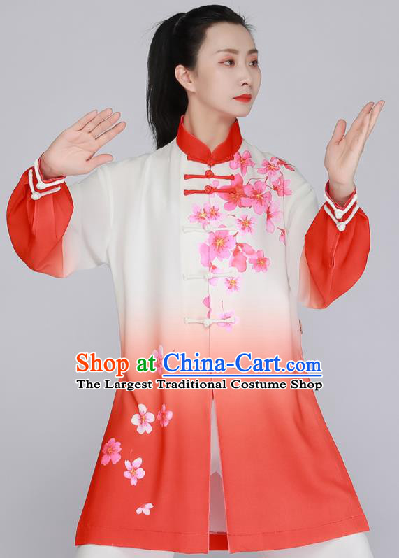 Chinese Kung Fu Costumes Top Tai Ji Training Red Uniform Printing Peach Blossom Clothing Tai Chi Outfit