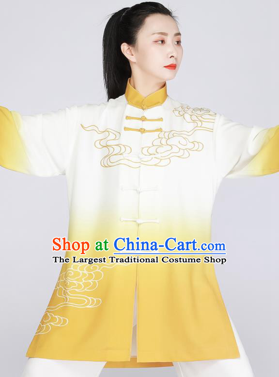Chinese Printing Clouds Outfit Tai Chi Training Outfit Traditional Kung Fu Costumes Tai Ji Competition Yellow Uniform