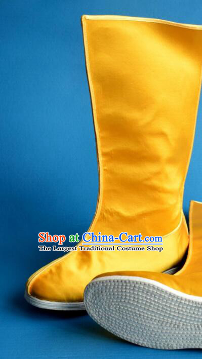 Chinese Traditional Beijing Opera Takefu Shoes Ancient Qing Dynasty Emperor Yellow Satin Boots for Men