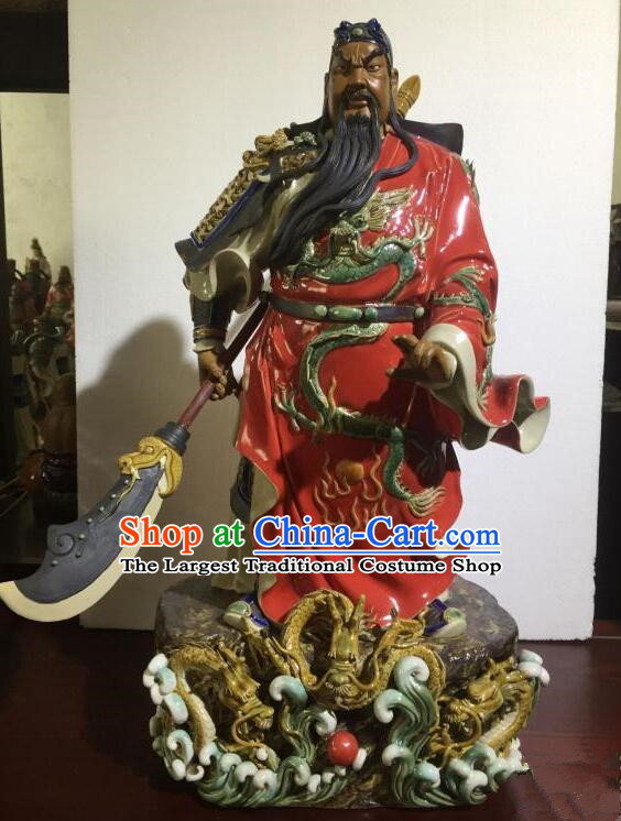 Chinese Porcelain Guan Gong Sculpture 24 inches Shi Wan Ceramic Figurine Handmade Guan Yu Statue Arts