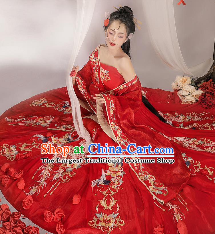 Chinese Jin Dynasty Bride Garment Costumes Ancient Royal Princess Clothing Embroidered Red Hanfu Wedding Dresses
