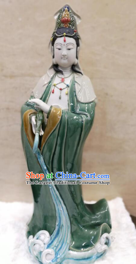 24 inches Standing Guanyin Statue Chinese Green Glaze Mother Buddha Porcelain Arts Handmade Shi Wan Guan Yin Ceramic Figurine