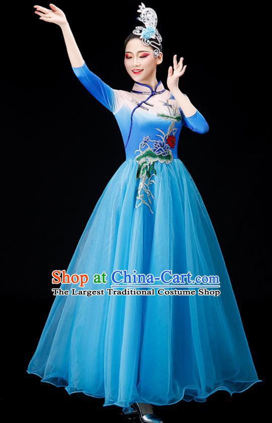 Chinese Chorus Costume Modern Dance Clothing Stage Performance Blue Dress
