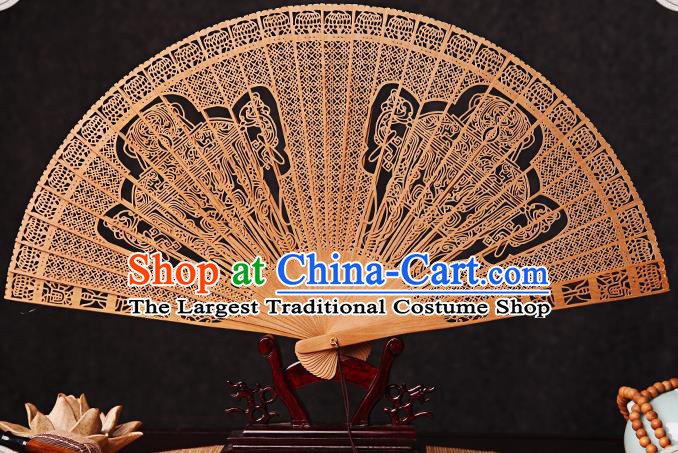 Chinese Traditional Folding Fans Carved Double Tripods Fan Handmade Craft Accordion Sandalwood Collection Fan