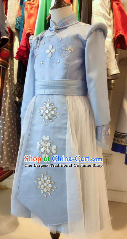 Chinese Mongol Nationality Woman Garment Costume Mongolian Festival Clothing Ethnic Folk Dance Blue Dress