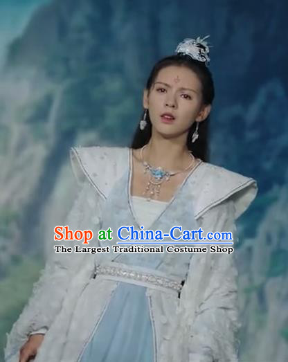 Chinese Ancient Fairy Beauty Blue Dress Romance Movie Mermaid Bound Bai Qiulian Garment Costume