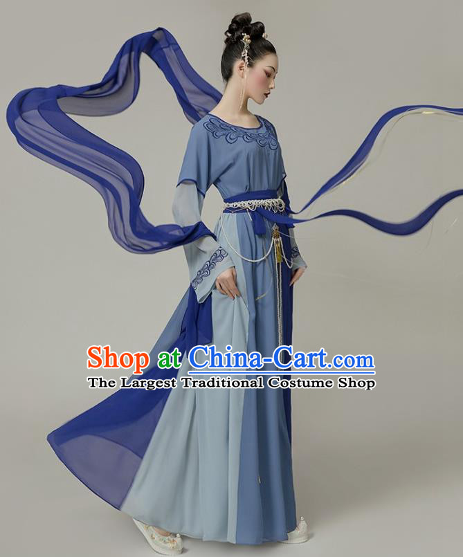 Chinese Tang Dynasty Blue Hanfu Dress Traditional Dunhuang Flying Apsaras Garment Costumes Ancient Fairy Clothing