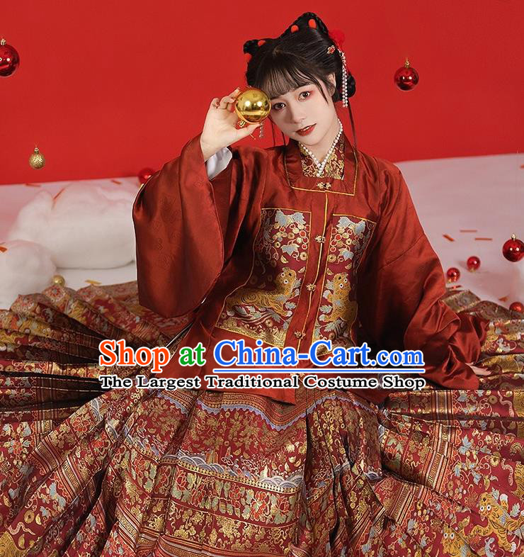 China Ancient Young Lady Costumes Ming Dynasty Princess Clothing Traditional Hanfu Red Blouse and Skirt Complete Set